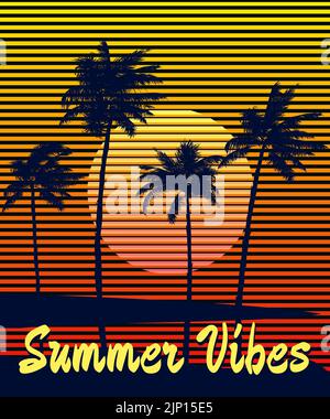 Poster im Retro-Sommer-Vibes-Sunset-Print. Poster grunge Palmen Silhouetten Stock Vektor