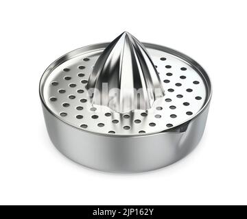 Silberne Zitruspresse auf weißem Hintergrund Stockfoto