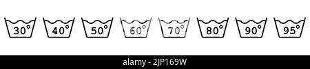 Bei 30 bis 95 Grad waschen. Wassergrade. Satz isolierter Waschsymbole. Vektorgrafik. Stock Vektor