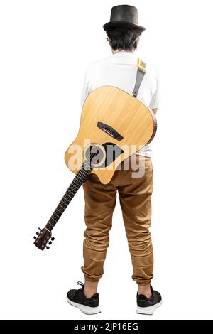 Rückansicht des Mannes mit Gitarre isoliert auf weißem Hintergrund Stockfoto