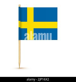 Schwedische Zahnstocherflagge isoliert auf Holzstäbchen mit weißem Papier. Realistische kleine Zahnstocher für das Mittagessen. Vektor-Cocktail-Dekoration Stock Vektor