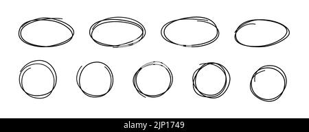 Handgezeichnete Scribble-Kreise und Ovale. Doodle Sketch unterstreicht. Markieren Sie Kreisrahmen. Ellipsen im Doodle-Stil. Satz Vektorgrafik Stock Vektor