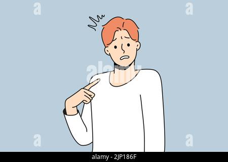 Junger verwirrter Mann zeigen auf sich selbst fühlen unsicher und frustriert. Männlich zeigt auf sich selbst fragen, wer. Frustration und Selbstvertrauen. Vektorgrafik. Stock Vektor