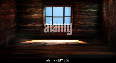 Leeres, verlassene, gespenstisch gehautes Zimmer mit Holzfußboden und Wand mit Fenster und Sonnenstrahlen. Halloween-Horror-Hintergrund mit Kopieplatz. Stockfoto