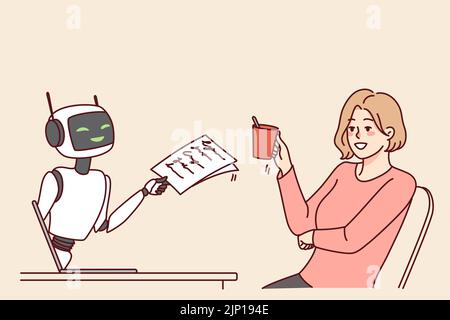 Lächelnde Frau im Gespräch mit virtuellen Assistenten am Computer. Mädchen haben Gespräch mit digitalen bot auf Laptop. Neue Technologien und Kommunikation. Vektorgrafik. Stock Vektor