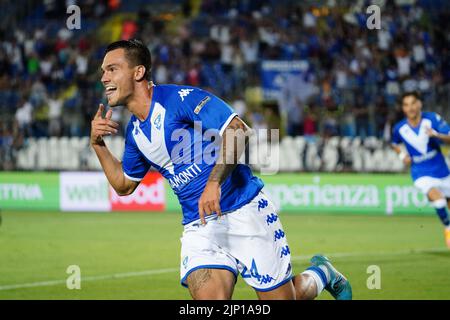 Mario Rigamonti Stadion, Brescia, Italien, 14. August 2022, Flavio Bianchi (FC Brescia) feiert sein Tor bei Brescia Calcio gegen den FC Sudtirol - Ita Stockfoto