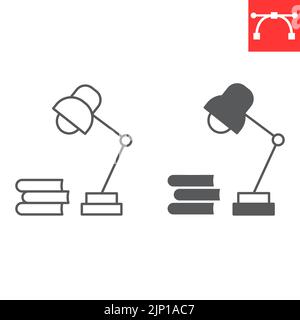 Tischlampe mit Bücher Linie und Glyphe Symbol, Schule und Bildung, Stapel von Büchern und Lampe Vektor-Symbol, Vektorgrafiken, editierbare Kontur Umriss Zeichen, eps 10. Stock Vektor