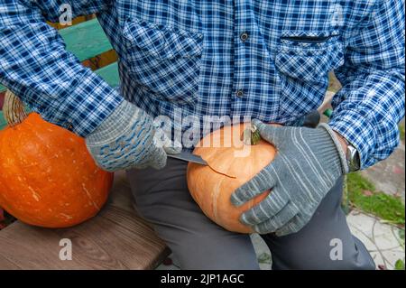 Der Mensch schnitzt mit einem Messer im Garten Halloween-Kürbisse mit gruseligen Gesichtern. Wir bereiten Kürbisse für Halloween als Dekoration für den Urlaub vor. Stockfoto