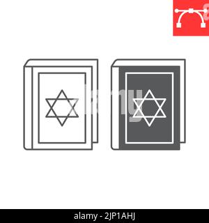 Torah-Buchlinie und Glyphen-Symbol, hanukkah- und david-Stern, hebräisches bibelvektor-Symbol, Vektorgrafiken, bearbeitbares Konturumrisszeichen, Folge 10. Stock Vektor