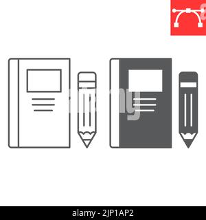 Notizbuch und Bleistift Linie und Glyphe Symbol, Schule und Bildung, Buch und Bleistift Vektor-Symbol, Vektorgrafiken, editierbare Kontur Umriss Zeichen, eps 10. Stock Vektor