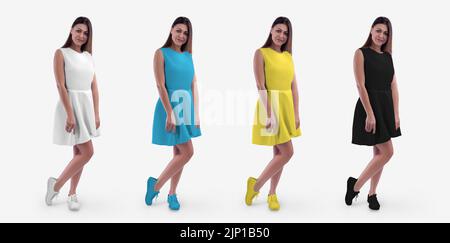 Mockup eines Sommerkleides Welle auf ein schönes Mädchen in Mokassins, weiß, schwarz, blau, gelb sundress für Design, Werbung, Vorderansicht. Modischer Stoff Stockfoto