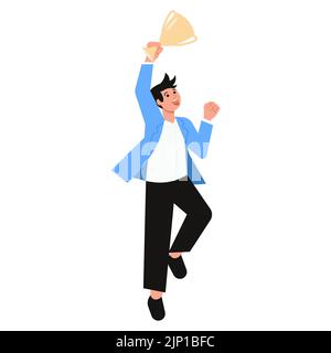 Geschäftsmann mit goldenem Siegerpokal. Konzept des Geschäftserfolgs, Zielerreichungsfeier. Flache Grafik Als Vektorgrafik Stock Vektor