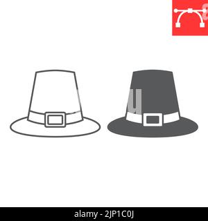 Pilgrim hat Linie und Glyphe Symbol, Danksagung und traditionelle, Danksagung Hut Vektor-Symbol, Vektorgrafiken, editierbare Kontur Umriss Zeichen, eps 10. Stock Vektor