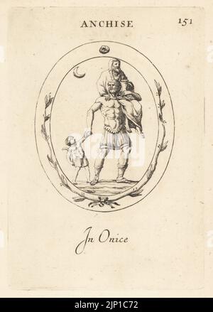 Aeneas trägt seinen Vater Anchises aus Troy. Anchises trägt einen Schleier und trägt die Lares oder Hausgötter. Aeneas hält die Hand seines Sohnes Ascanius. In Onyx. Anchise. In einem. Kupferstich von Giovanni Battista Galestruzzi nach Leonardo Agostini aus Gemmae et Sculpturae Antiquae Depicti ab Leonardo Augustino Senesi, Abraham Blooteling, Amsterdam, 1685. Stockfoto