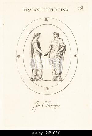 Der römische Kaiser Trajan, 53-117 n. Chr., hielt die Hände mit seiner Frau Kaiserin Pompeia Plotina, starb c.. 121 N. CHR. In Heliotrop. Trajano und Plotina. Bei Elitropie. Kupferstich von Giovanni Battista Galestruzzi nach Leonardo Agostini aus Gemmae et Sculpturae Antiquae Depicti ab Leonardo Augustino Senesi, Abraham Blooteling, Amsterdam, 1685. Stockfoto