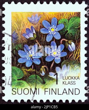 FINNLAND - UM 1993: Eine in Finnland gedruckte Marke aus der Ausgabe 'Provincial Plants' zeigt Hepatica, um 1993. Stockfoto