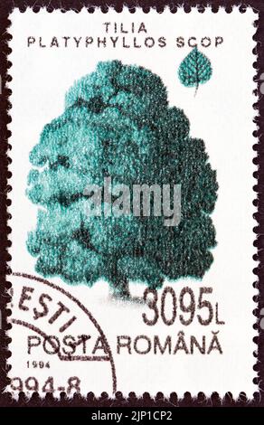 RUMÄNIEN - UM 1994: Eine in Rumänien gedruckte Marke aus der Ausgabe 'Bäume' zeigt einen großen, blättrigen Kalk, um 1994. Stockfoto