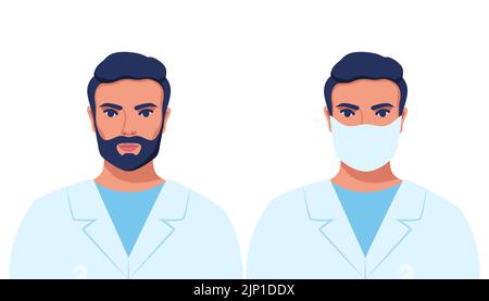 Porträt eines Mannes, Arztes oder einer Krankenschwester in medizinischer Robe, der eine Gesichtsmaske trägt und keine Gesichtsmaske trägt. Vektorgrafik Stock Vektor