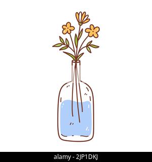 Niedliche gelbe Blumen in einer Glasvase isoliert auf weißem Hintergrund. Vektor-handgezeichnete Illustration im Doodle-Stil. Perfekt für Karten, Logo, Dekorationen, verschiedene Designs. Stock Vektor