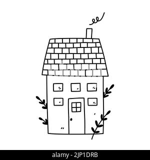 Nettes kleines Haus auf weißem Hintergrund isoliert. Süßes Zuhause. Vektor-handgezeichnete Illustration im Doodle-Stil. Perfekt für Dekorationen, Karten, Logo, verschiedene Designs. Stock Vektor