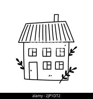 Nettes kleines Haus auf weißem Hintergrund isoliert. Süßes Zuhause. Vektor-handgezeichnete Illustration im Doodle-Stil. Perfekt für Dekorationen, Karten, Logo, verschiedene Designs. Stock Vektor
