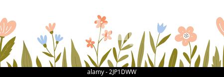 Nahtlose horizontale Grenze mit niedlichen Blumen und Blättern. Botanischer Hintergrund. Perfekt für Dekorationen, Grußkarten, Bannerdesigns. Vektorgrafik in handgezeichneter, flacher Form. Stock Vektor