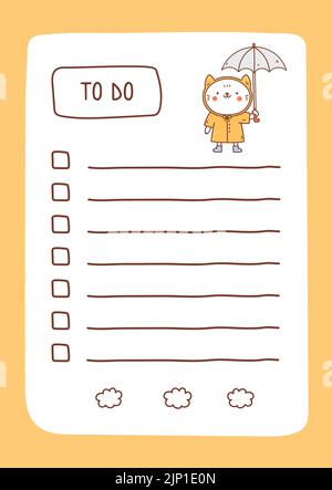 Zu tun Liste Vorlage von kawaii Katze dekoriert. Nettes Design von Zeitplan, Tagesplaner oder Checkliste. Handgezeichnete Vektorgrafik. Perfekt für Planung, Notizen und Selbstorganisation. Stock Vektor