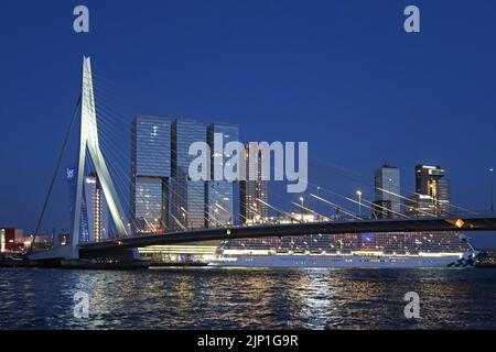 Rotterdam, Niederlande. Erasmus-Brücke von Norden aus gesehen. Zeigt De Rotterdam Towers (Zentrum) und Princess Cruises Schiff Enchanted Princess. Stockfoto