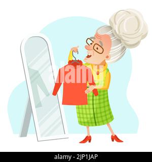 Vektordarstellung einer alten Frau mit Brille versucht eine Bluse vor einem Spiegel. Kleidung, Garderobe, Geschäft, Kleid, Einkaufen, Mode Stock Vektor