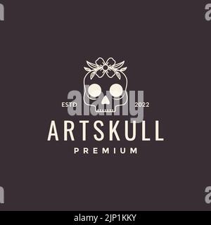 Minimalistischer Vintage Totenkopf mit Blumen-Logo-Design Stock Vektor