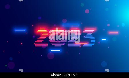 2023 Neujahr, weihnachten Tech Hintergrund. Jahr 2023 bestehen aus hellen Neonlampen im Dunkeln, die im Cyberspace hängen. Ziffern oder Jahreszahl auf Feier Stock Vektor