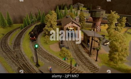 Bahnhof eines Miniaturzuges. Modellzüge mit Dampf, die durch den Bahnhof im Wald fahren. Modellbildung trainieren. Stockfoto