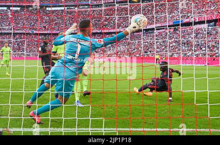 Sadio Mane (FCB 17) Tor, Punkte, schießt Tor, Treffer, Torschuss, gegen Koen CASTEELS, Torwart WOB 1 im Spiel FC BAYERN MÜNCHEN - VFL WOLFSBURG 2-0 1.Deutsche Fußballliga am 14. August 2022 in München, Deutschland. Saison 2022/2023, Spieltag 2, 1.Bundesliga, FCB, München, 2.Spieltag © Peter Schatz / Alamy Live News - die DFL-VORSCHRIFTEN VERBIETEN DIE VERWENDUNG VON FOTOGRAFIEN als BILDSEQUENZEN und/oder QUASI-VIDEO - Stockfoto