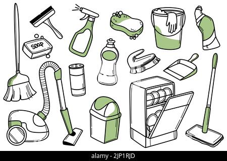 Reinigungsmittel Doodle-Symbole. Handgezogener Satz von Reinigungsmitteln, Haushaltsgeräten für Reinigung, Schwamm, Staubsauger, Sprühflasche, Bodenmopp, Besen, Eimer und Geschirrspüler. Ausstattung für Hausarbeit Konzept. Stock Vektor