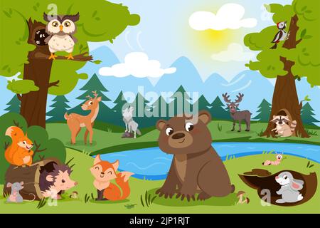 Cartoon Waldtiere in der wilden Natur. Naturlandschaft mit See, niedlichen Bären, Eichhörnchen, Fuchs, Wildtiere Wolf und Hirsch. Hase Loch, Specht hohl und Vögel auf Bäumen. Waldgraben mit Igel. Stock Vektor