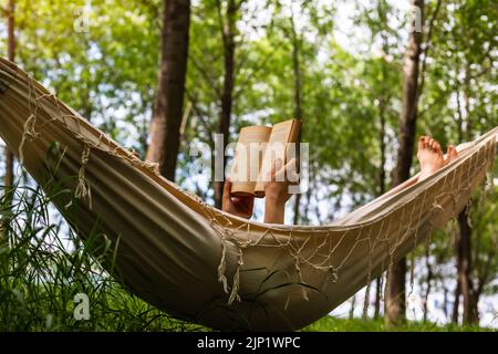 Frauen entspannen sich in der Hängematte und lesen ein Buch über einen sonnigen Wald Stockfoto