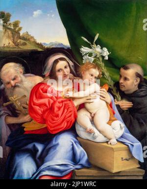 Jungfrau und Kind mit den Heiligen Hieronymus und Nikolaus von Tolentino, Ölgemälde auf Leinwand von Lorenzo Lotto, 1522 Stockfoto