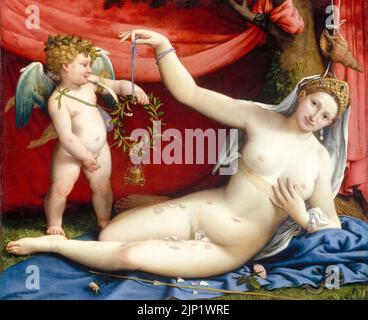 Venus und Amor, Ölgemälde auf Leinwand von Lorenzo Lotto, 1520-1529 Stockfoto