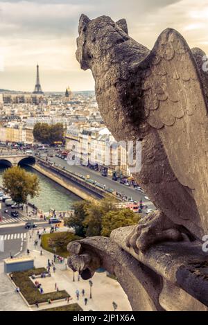 Gargoyle auf der Kathedrale Notre Dame de Paris, Frankreich. Der mittelalterliche Wasserspeier (Chimäre) ist das Wahrzeichen der Stadt Paris. Szenerie von Paris mit alter Dämonenstatue o Stockfoto