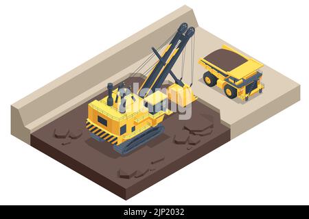 Isometrischer Bergbau Steinbruch, Mine mit großen Steinbruch Kipper und Schaufel. Kohlebergwerk. Ausrüstung für die Bergbauindustrie Stock Vektor