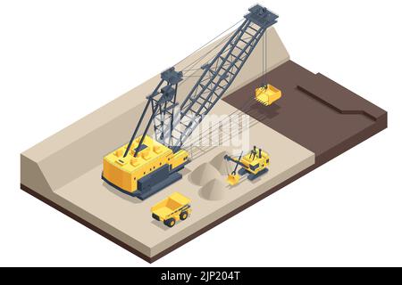 Isometrischer Bergbau Steinbruch, Mine mit großem Steinbruch Muldenkipper und Dragline-Bagger. Kohlebergwerk. Ausrüstung für die High-Mining-Industrie, Bergbau Ton in Stock Vektor