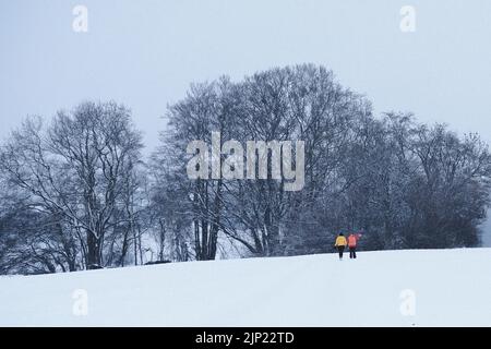 Spazieren Sie an einem winterlichen Tag voller Schnee, 2 Personen mit roten und gelben Jacken laufen im Schnee Stockfoto