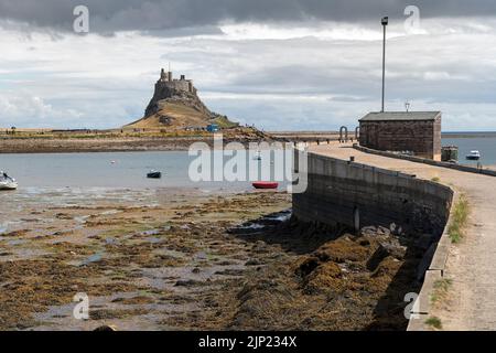 Lindisfarne Castle vom Hafen aus gesehen, Lindisfarne (Holy Island), Northumberland, England, Großbritannien Stockfoto