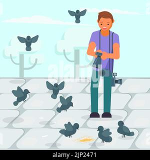 Junger Fotograf, der auf dem Gehsteig auf die Tauben pickt. Vektorgrafik im flachen Stil. Fotografie Hobby Konzept Design ele Stock Vektor