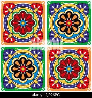 Mexikanische nahtlose Vektor-Keramik-Fliesenmuster - talavera Hintergrund mit Blumen, lebendige Tapete oder texile, Stoffdruck Stock Vektor