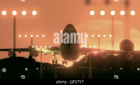 Flugzeug, das bei Sonnenuntergang abfliegt, 3D Rendering Stockfoto