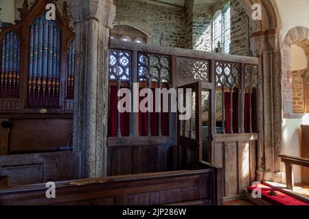 Rood Screen mit Dame mit Schlangenzunge, vermutlich Margaret Beaufort, St. Matthew’s Church, Coldridge, Devon Stockfoto