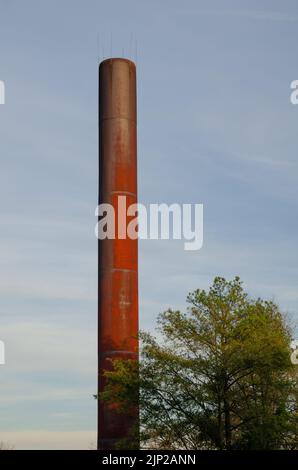 Ein industrieller Rauchstapel und ein Baum gegen den Tageshimmel. Stockfoto