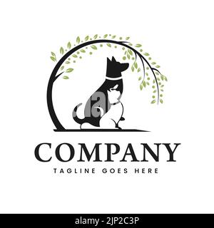 Logo für Hunde, Katzen und Vögel Design-Illustration mit Baum-Logo-Vorlage, Vorlage, Symbol, Symbol Stock Vektor