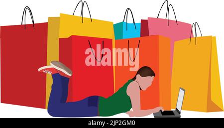 Eine Frau, die mit einem Laptop mit Geschenktüten im Hintergrund liegt - Konzept des Online-Shoppings Stock Vektor